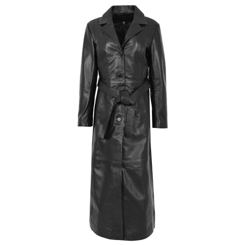 Womens Leather Full Length Classic Coat Gabbie Black