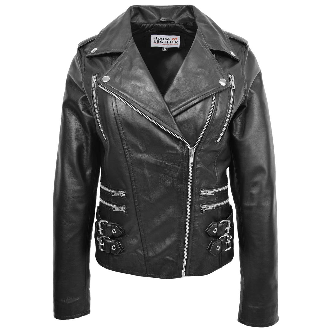 Ladies Cross Zip Biker Leather Jacket Black House of Leather