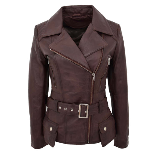 Womens Leather Hip Length Biker Jacket Celia Brown