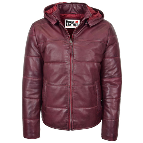 Mens Leather Hooded Puffer Jacket Rory Burgundy