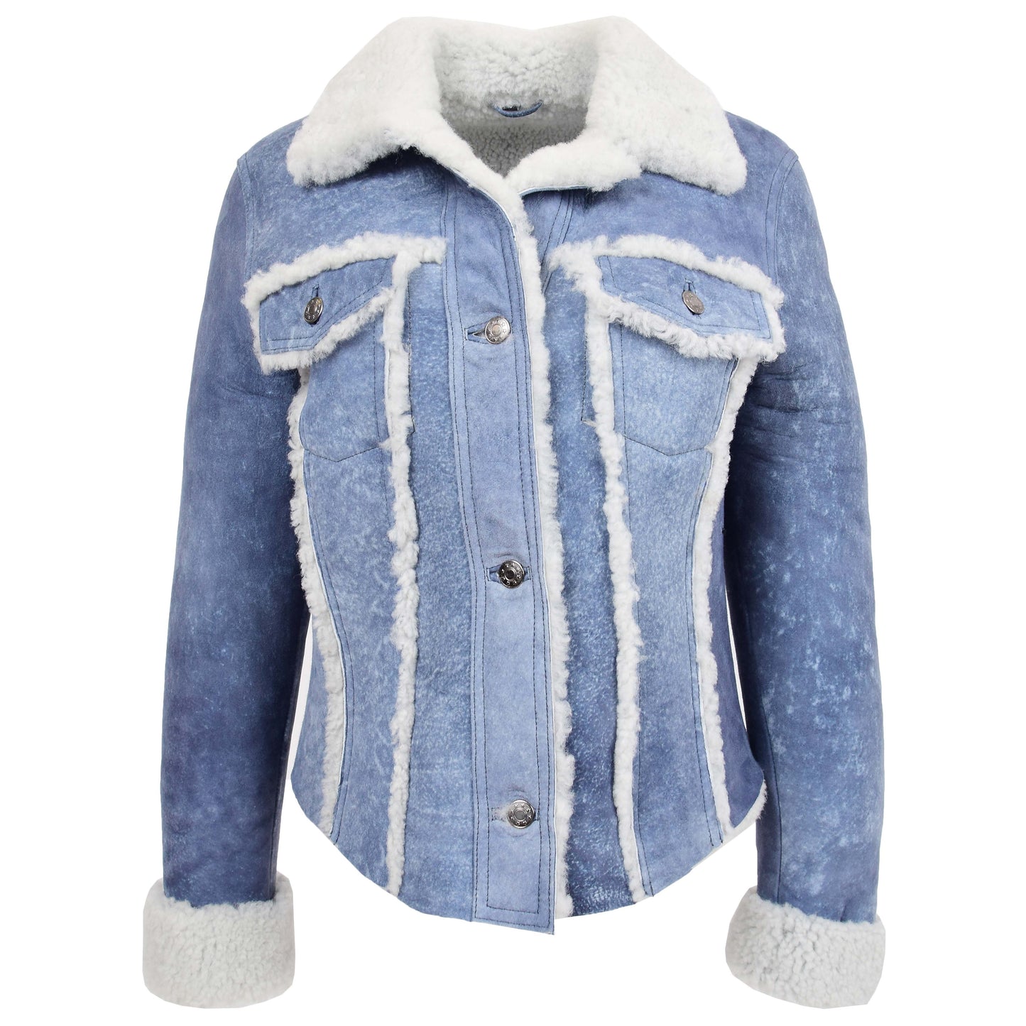 Womens Real Sheepskin Trucker Jacket Kylie Denim Blue