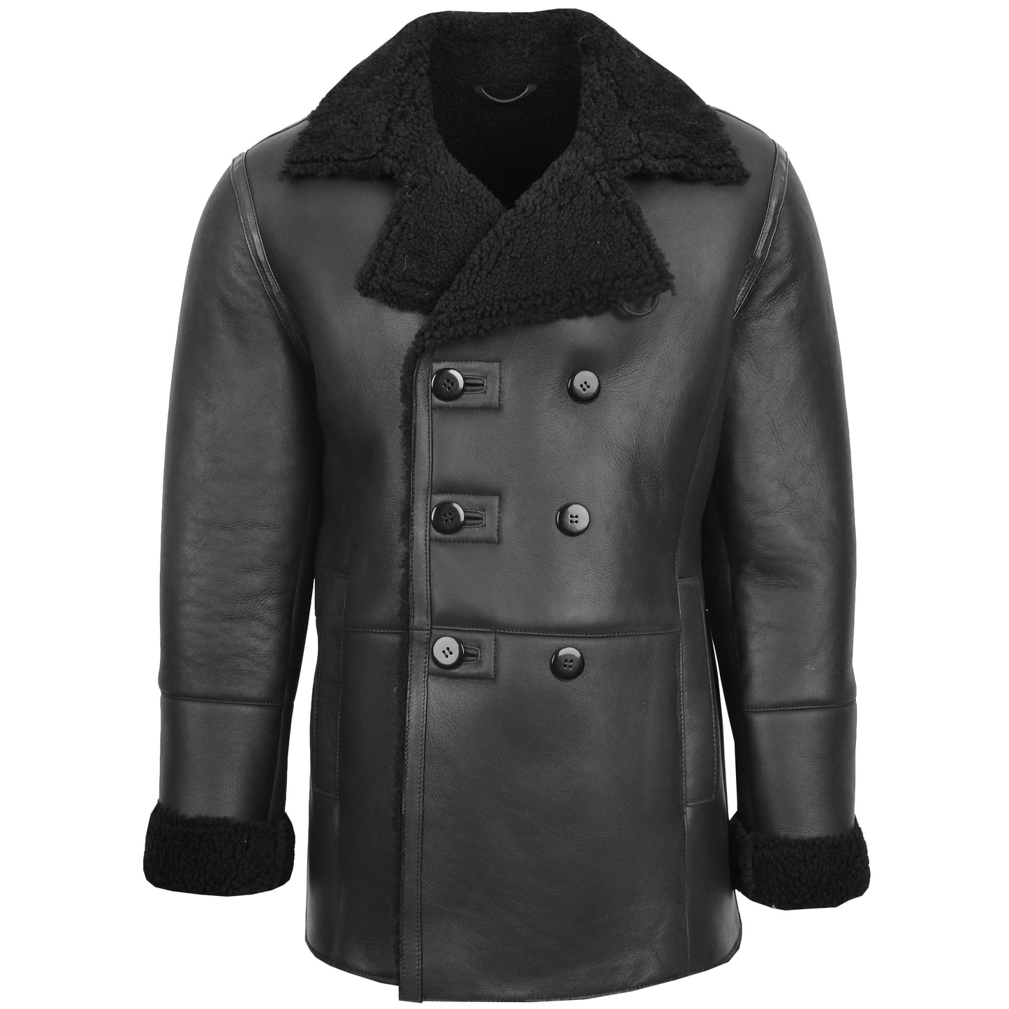 Mens Double Breasted Sheepskin Jacket Theo Black