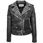 Womens Real Leather Biker Jacket Studded Brando Jacket Heidi Black
