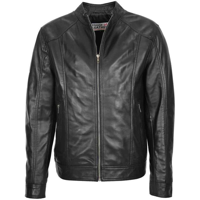 Mens Soft Leather Casual Plain Zip Jacket Matt Black