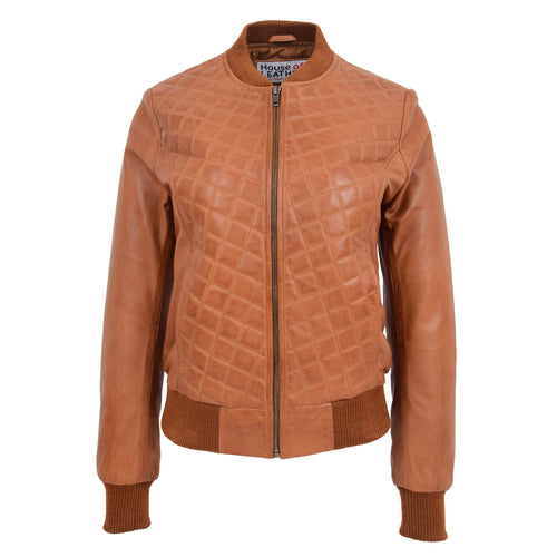 Womens Leather Varsity Quilted Bomber Jacket Sally Tan