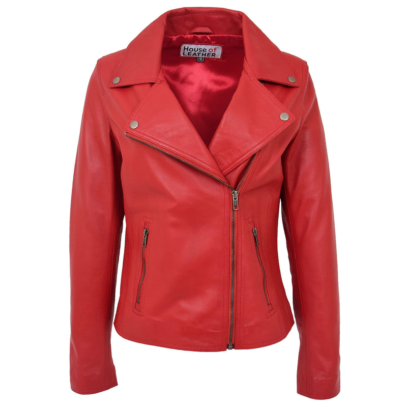 Womens Soft Leather Cross Zip Biker Jacket Lola Red
