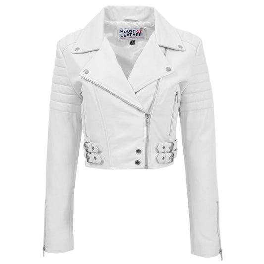 Womens Leather Cropped Biker Style Jacket Demi White