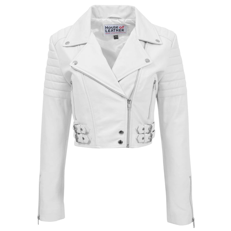 Womens Leather Cropped Biker Style Jacket Demi White