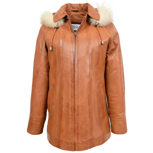 Womens Leather Coat with Hoodie Jane Tan