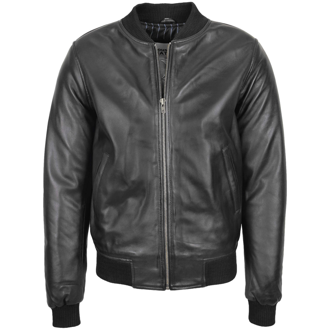 Black Leather Bomber Jacket Muscle Fit Leather Jacket Slim Fit Zip