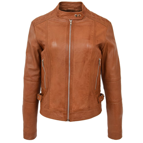 Womens Soft Leather Casual Zip Biker Jacket Ruby Tan