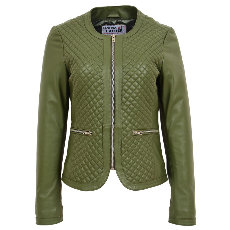 Womens Leather Collarless Jacket with Quilt Design Joan Olive Green