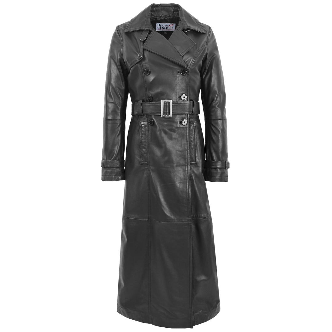 Womens Leather Full Length Classic Trench Coat Black House of