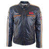 Mens Real Leather Biker Jacket Cafe Racer Style Badges TRON Navy 1