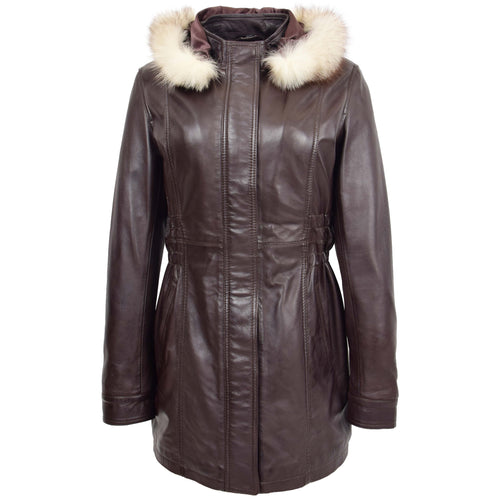 Womens Detachable Hoodie Leather Coat Kathy Brown