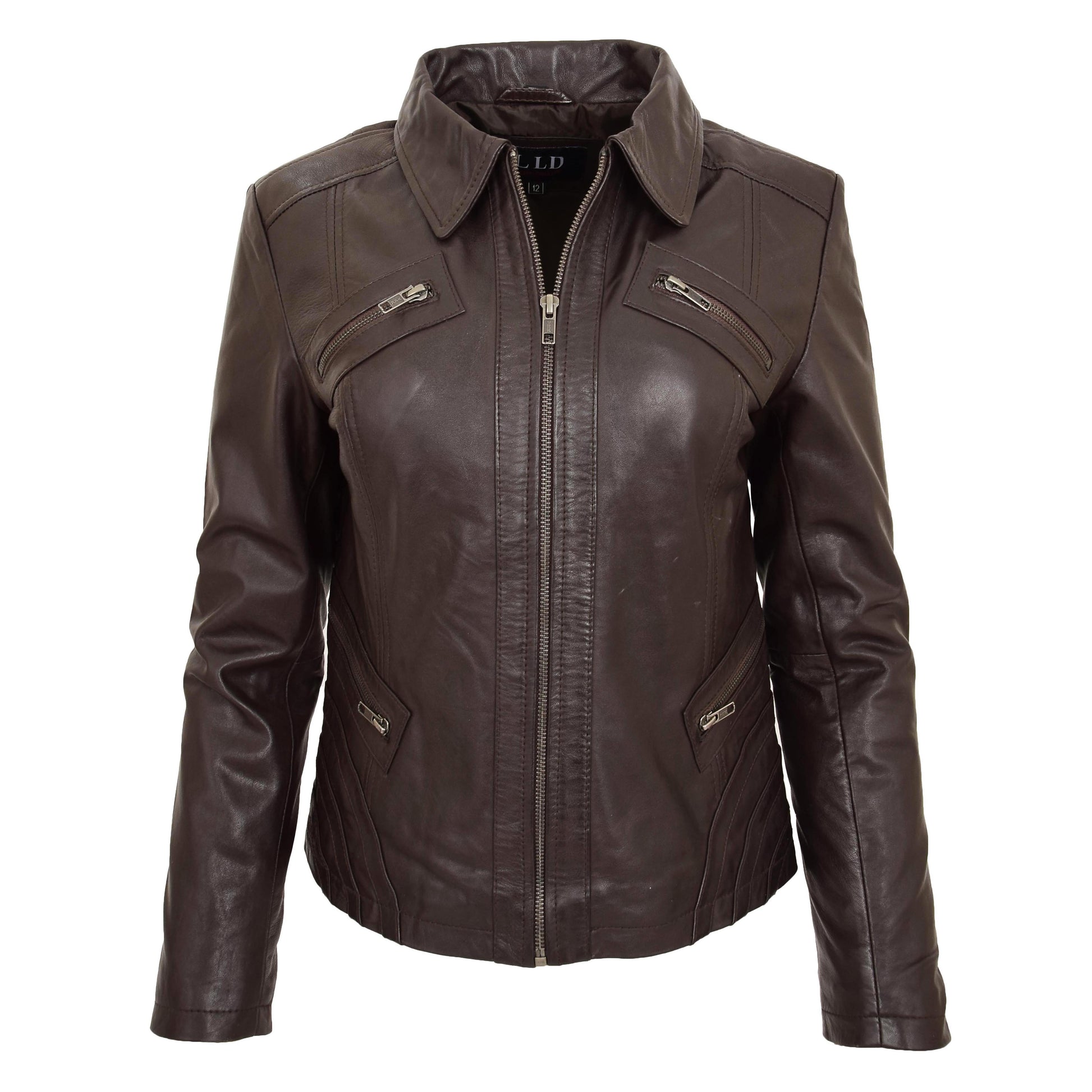 Womens Classic Leather Biker Zip Box Jacket Nova Brown