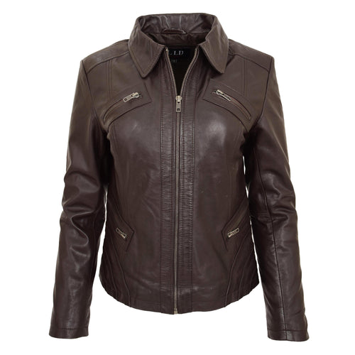 Womens Classic Leather Biker Zip Box Jacket Nova Brown