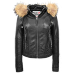Womens Detachable Hoodie Biker Leather Jacket Lily Black