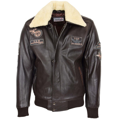 Mens Leather Jacket with Detachable Collar Pilot-N Brown