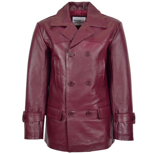 Mens Double Breasted Leather Peacoat Salcombe Burgundy 1