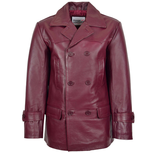 Mens Double Breasted Leather Peacoat Salcombe Burgundy 1