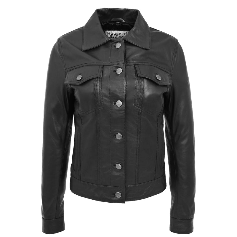 Womens Soft Leather Trucker Style Jacket Alma Black