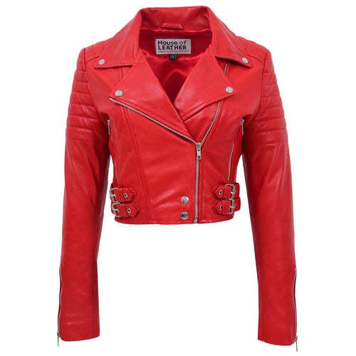 Womens Leather Cropped Biker Style Jacket Demi Red