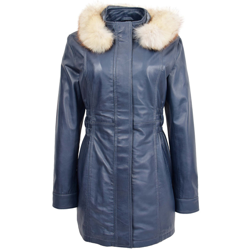 Womens Detachable Hoodie Leather Coat Kathy Blue