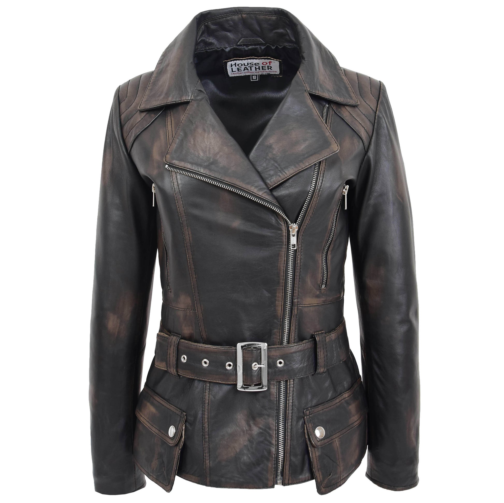 Womens Leather Hip Length Biker Jacket Celia Rub Off