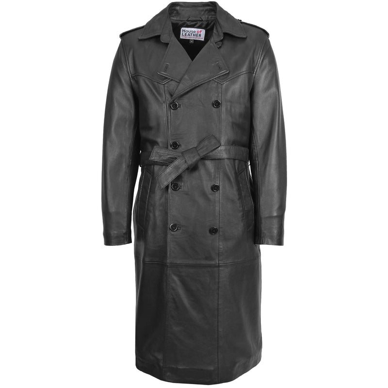 Mens Leather 3/4 Length Double Breasted Coat Travis Black
