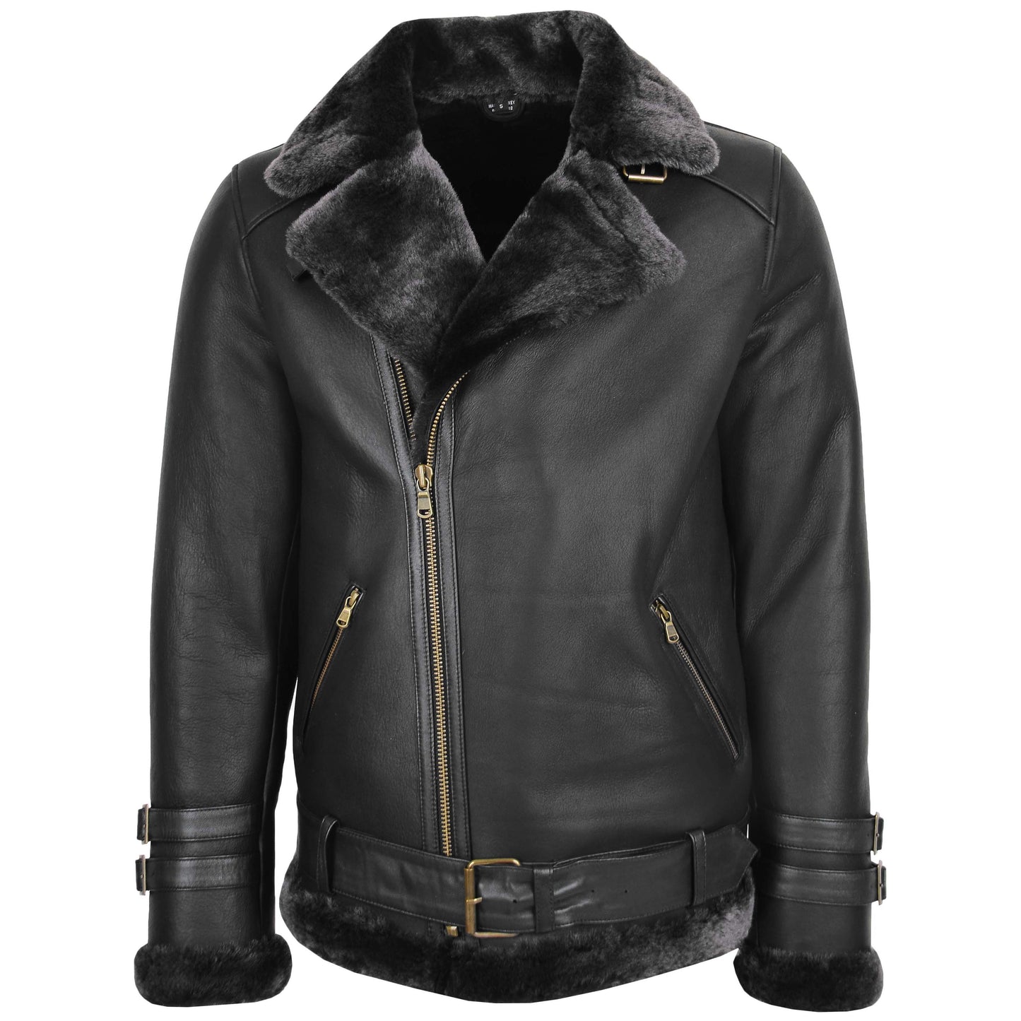 Mens Sheepskin Aviator Jacket Cross Zip Biker Style Alvin Black