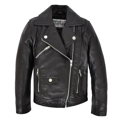 Girls Real Leather Cross Zip Biker Style Jacket Emily Black