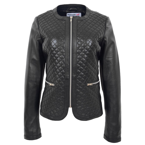 Womens Leather Collarless Jacket with Quilt Design Joan Black
