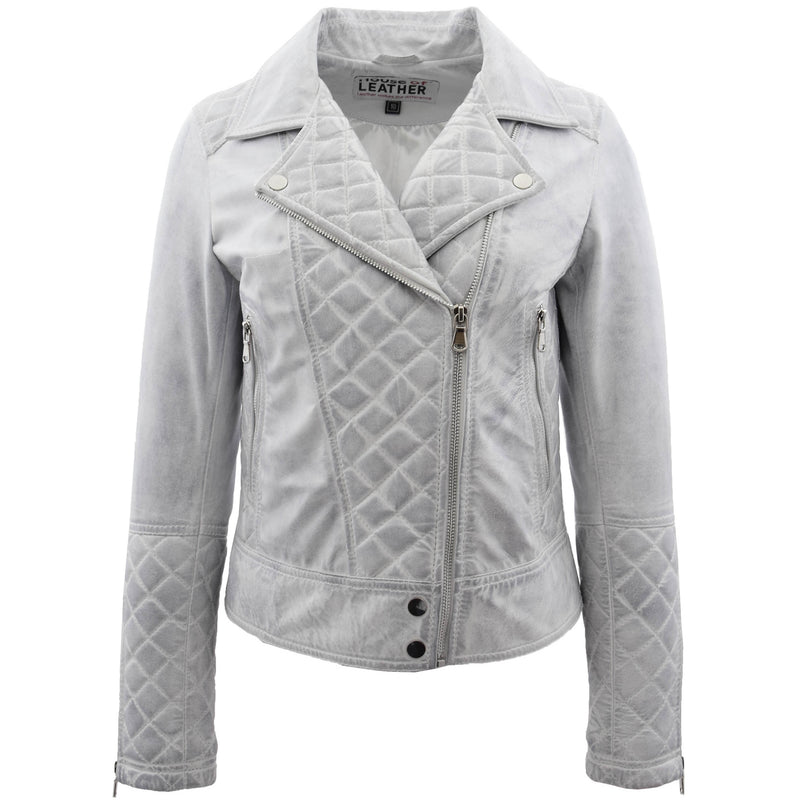 Womens Leather Biker Jacket with Quilt Detail Ziva Vintage White