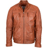 Mens Biker Leather Jacket Standing Collar Bowie Cognac Tan