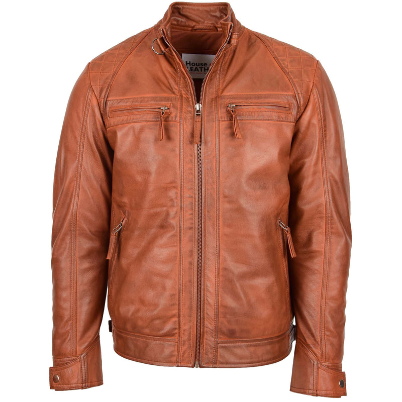 Mens Biker Leather Jacket Standing Collar Bowie Cognac Tan