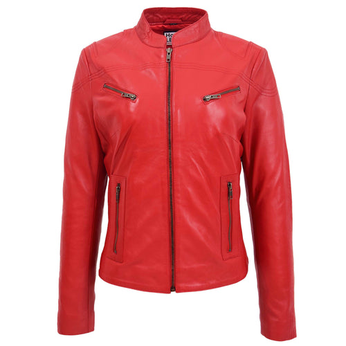 Womens Leather Standing Collar Jacket Becky Red