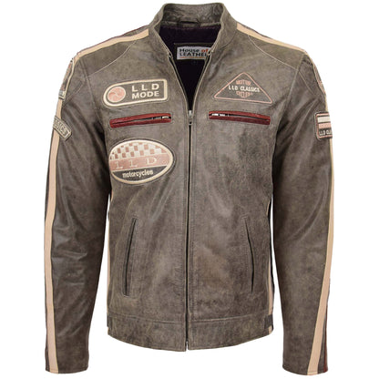 Mens Biker Leather Jacket with Badges Kurt Brown