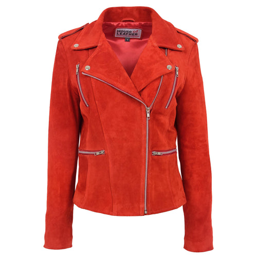 Womens Suede Biker Style Zip Jacket Skylar Red