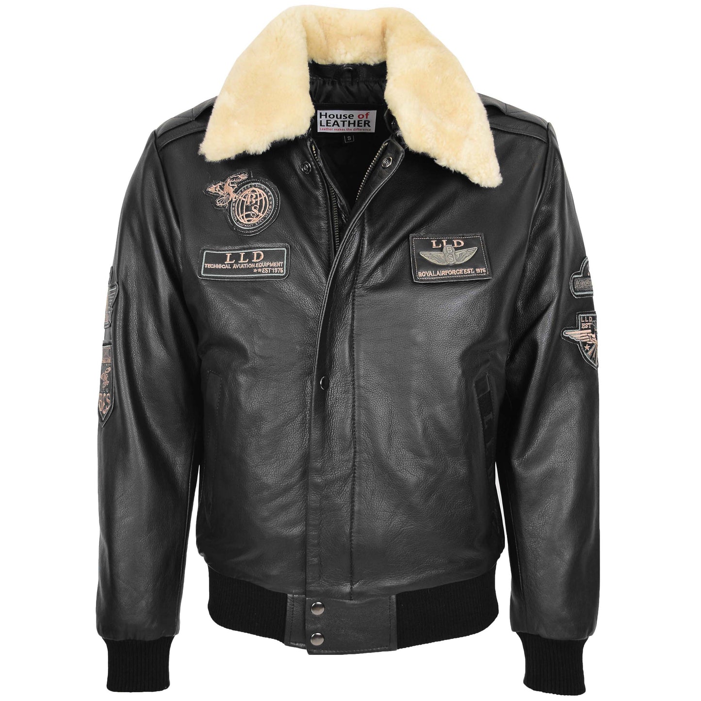 Mens Leather Jacket with Detachable Collar Pilot-N Black