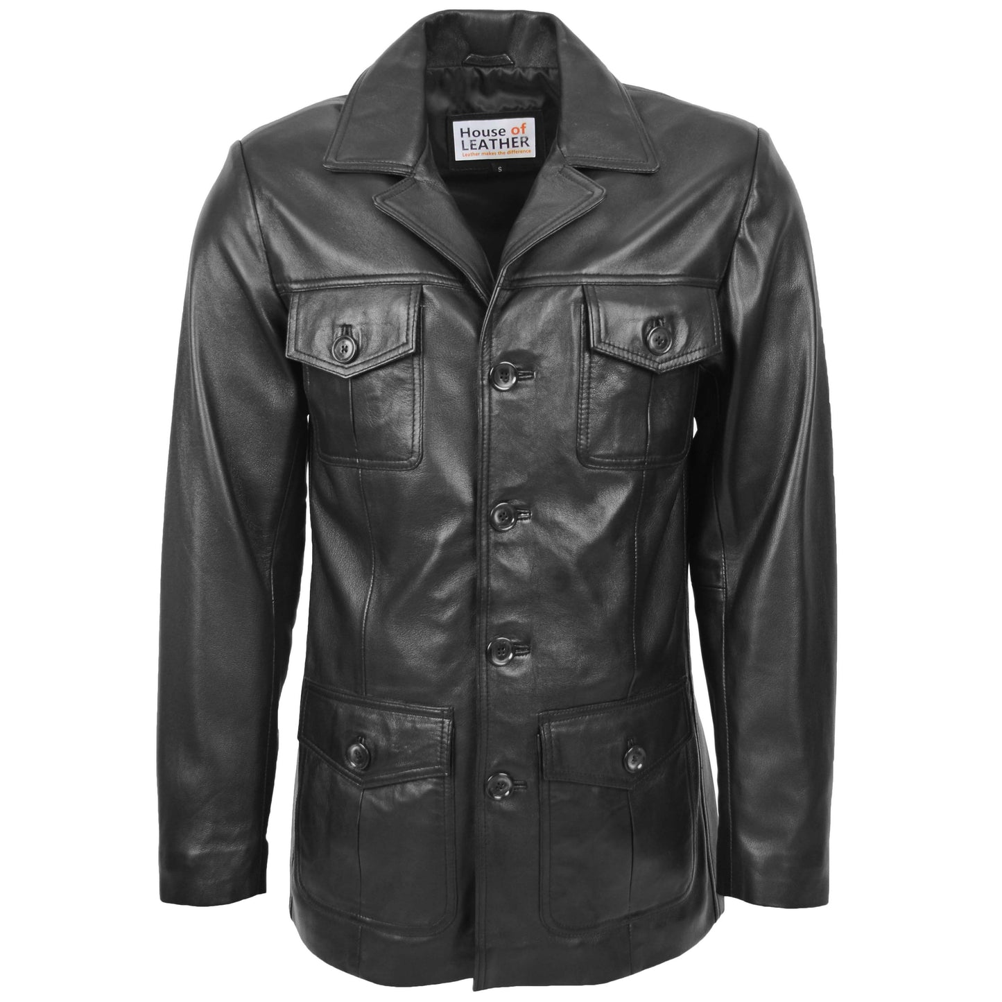 Mens Button Fastening Reefer Leather Jacket Jerry Black