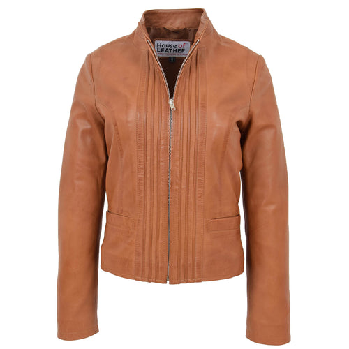 Womens Leather Casual Standing Collar Jacket Ivy Tan