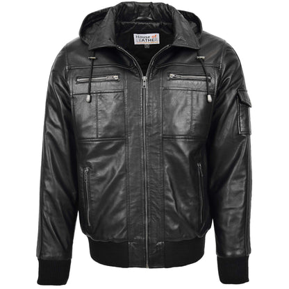 Mens Leather Bomber Jacket with Hoodie Bronx Black