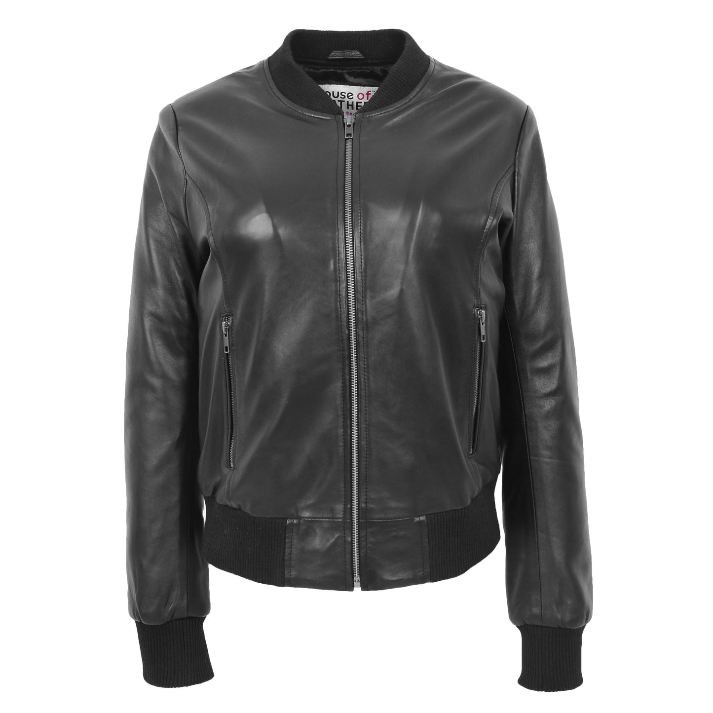 Womens Real Leather Varsity Bomber Jacket Faye Black