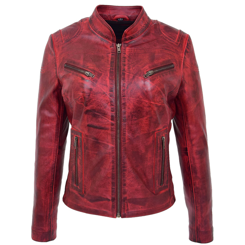Womens Leather Standing Collar Jacket Becky Burnt Red
