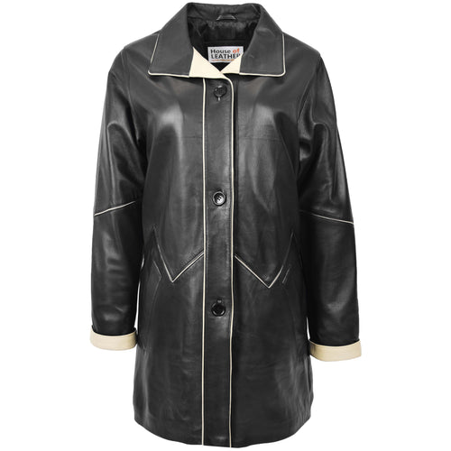 Womens Leather Coat 3/4 Length Classic Style Margaret Black Beige