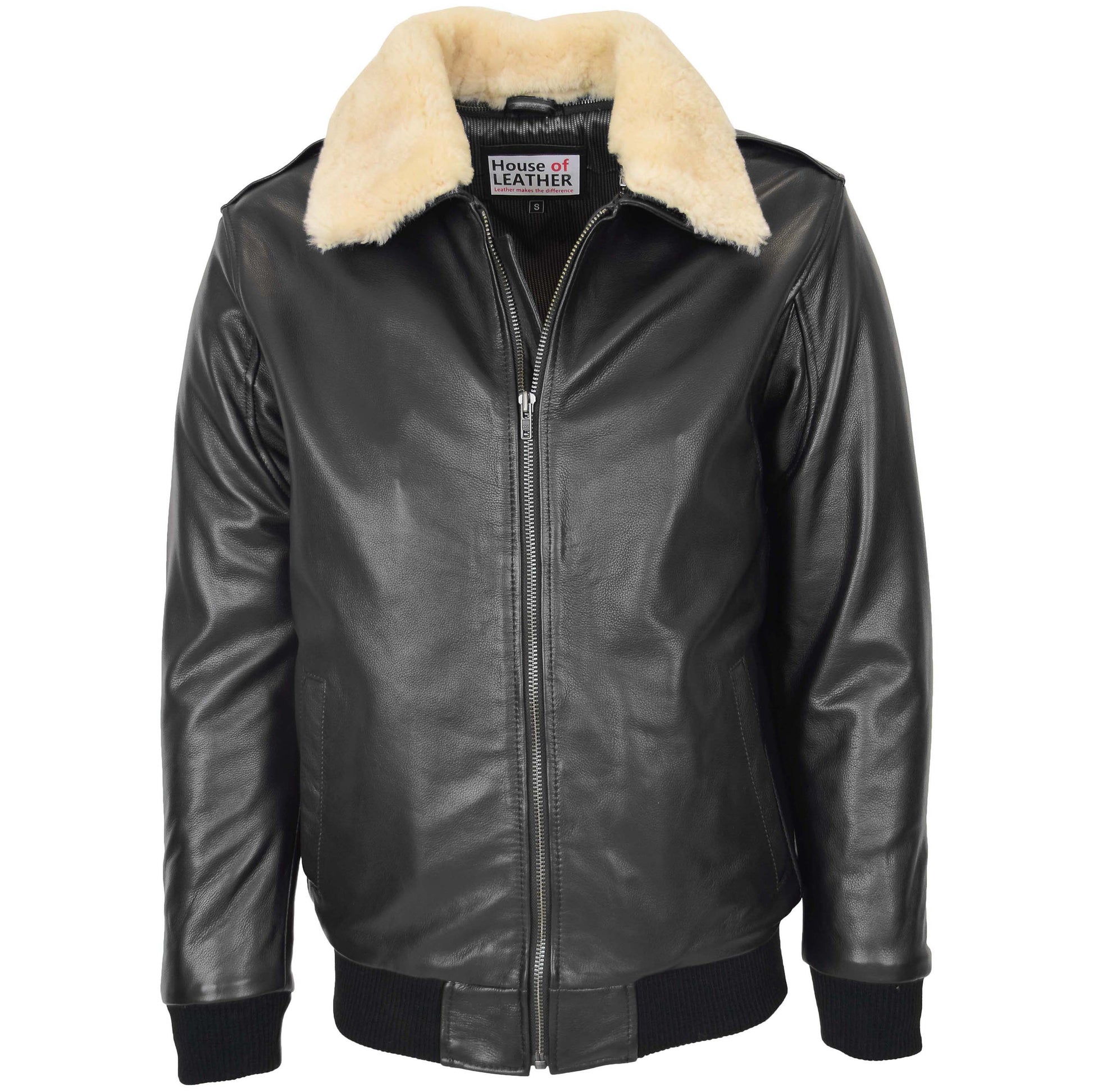 Mens Bomber Leather Jacket with Sheepskin Collar Viggo Black