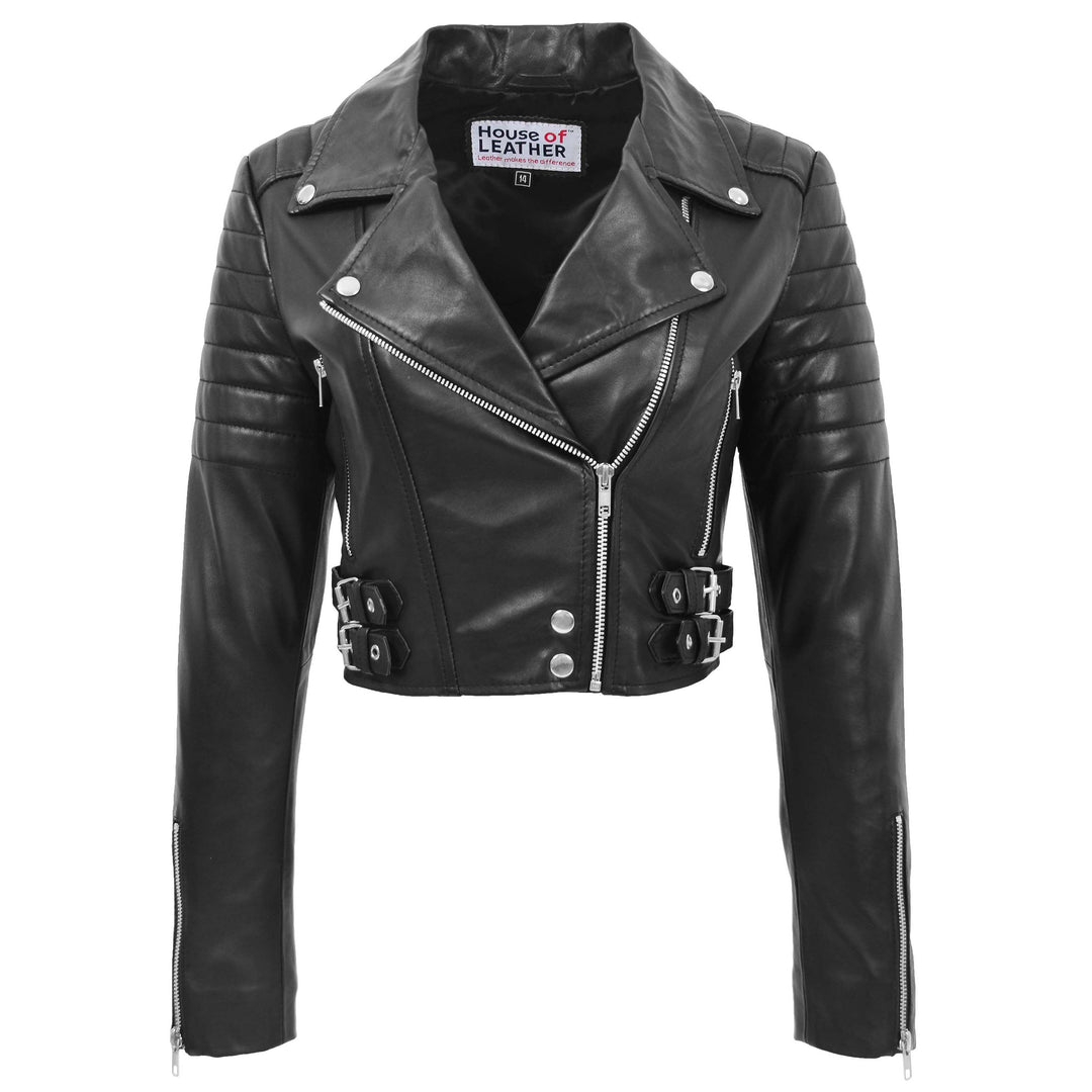Ladies Cropped Length Biker Style Jacket Black House of Leather