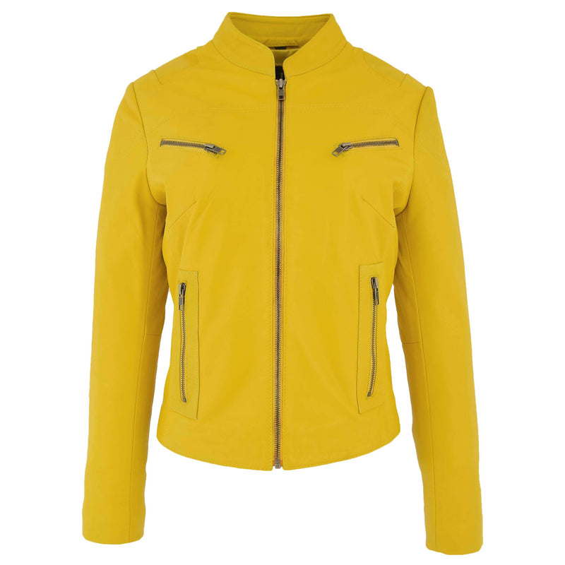 Womens Leather Standing Collar Jacket Becky Yellow