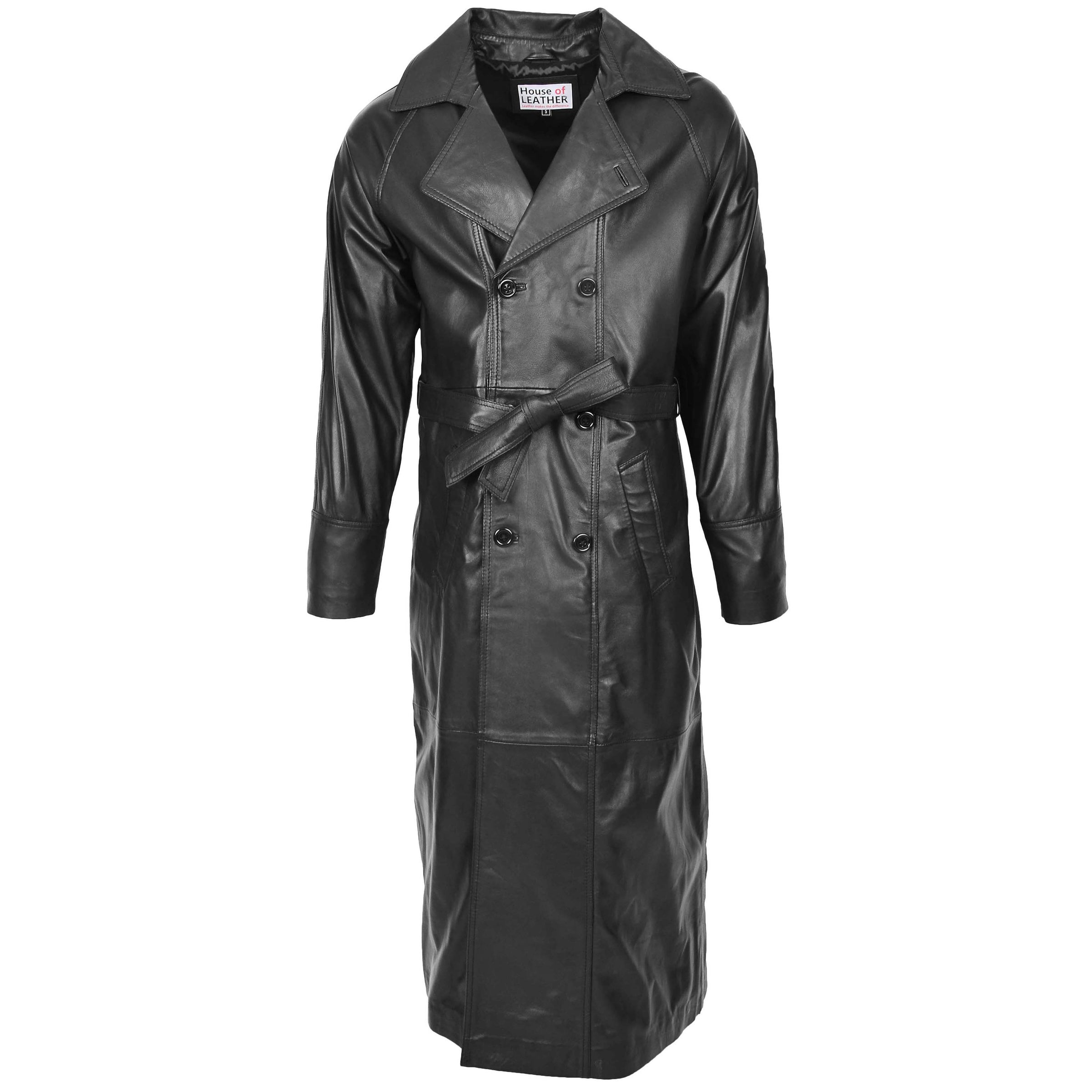 Mens Full Length Double Breasted Leather Coat Black | House of Leather